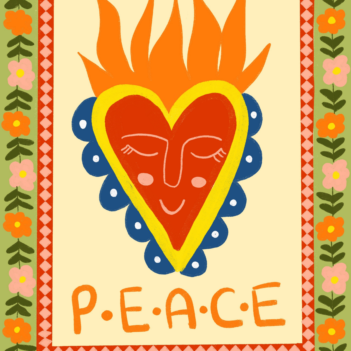 Peace Sacred Heart Print – Christian Folk Art Wall Decor