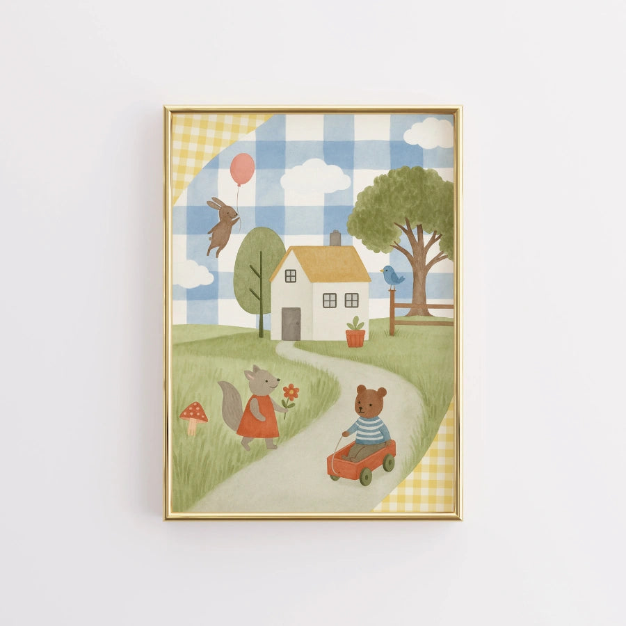 Whimsical Animal Village Nursery Print - Cute Bear and Bunny Kids Wall Art