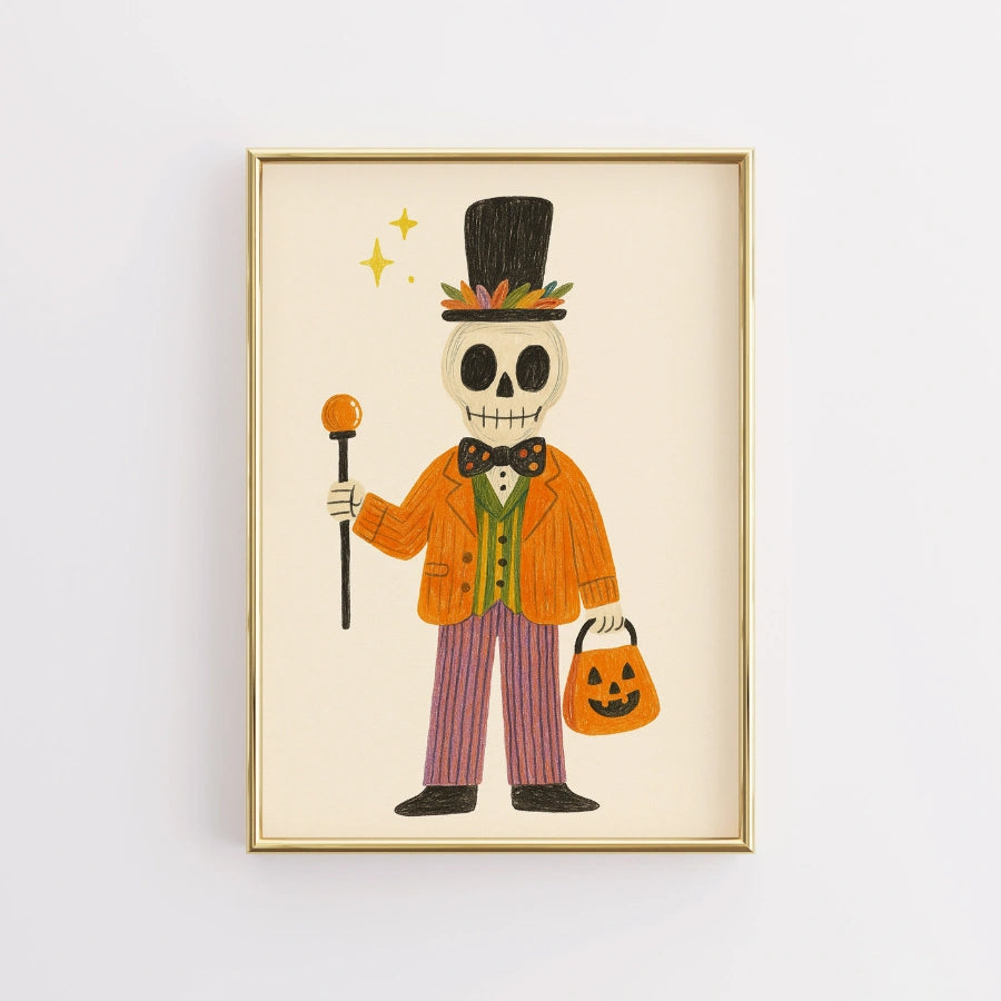 Dapper Skeleton Halloween Print – Cute Retro Wall Art