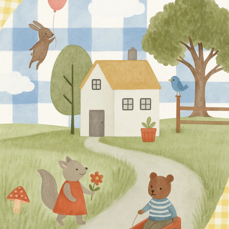 Whimsical Animal Village Nursery Print - Cute Bear and Bunny Kids Wall Art