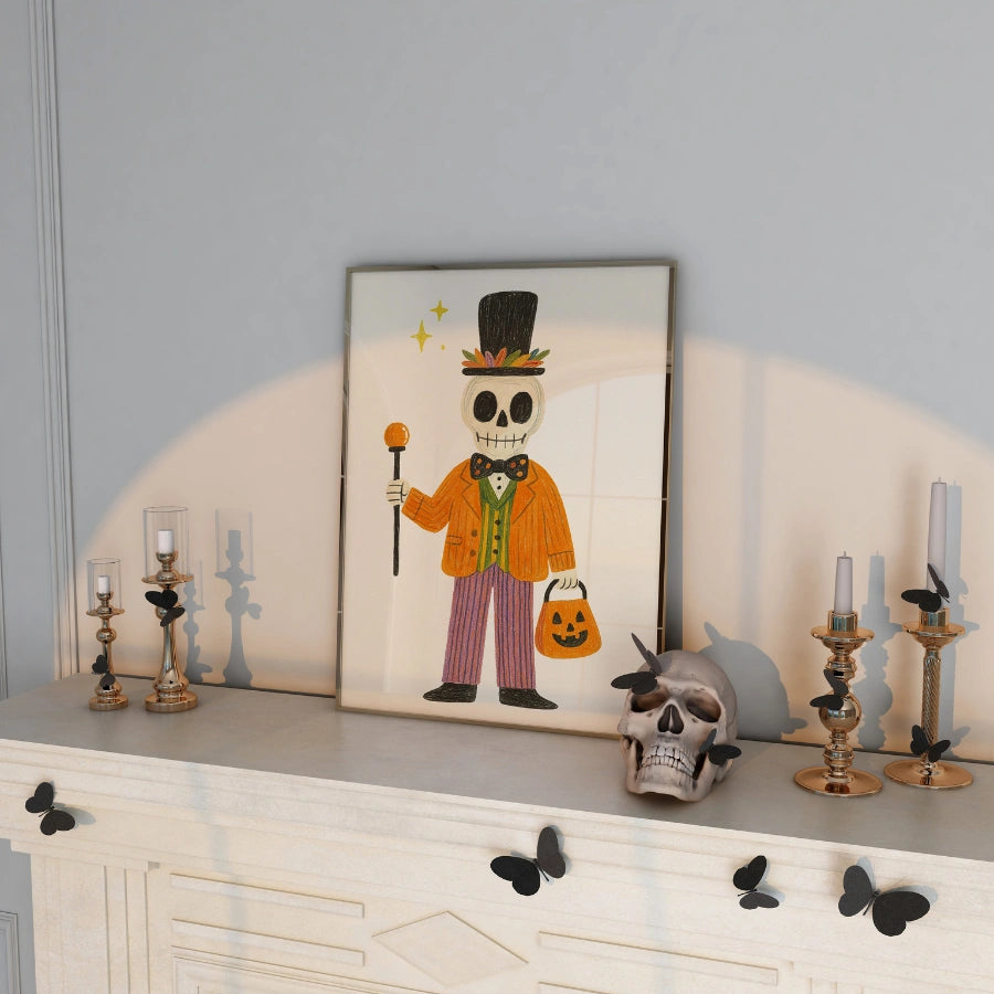 Dapper Skeleton Halloween Print – Cute Retro Wall Art