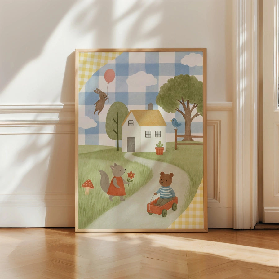 Whimsical Animal Village Nursery Print - Cute Bear and Bunny Kids Wall Art