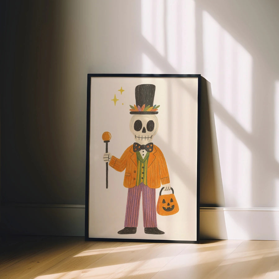 Dapper Skeleton Halloween Print – Cute Retro Wall Art