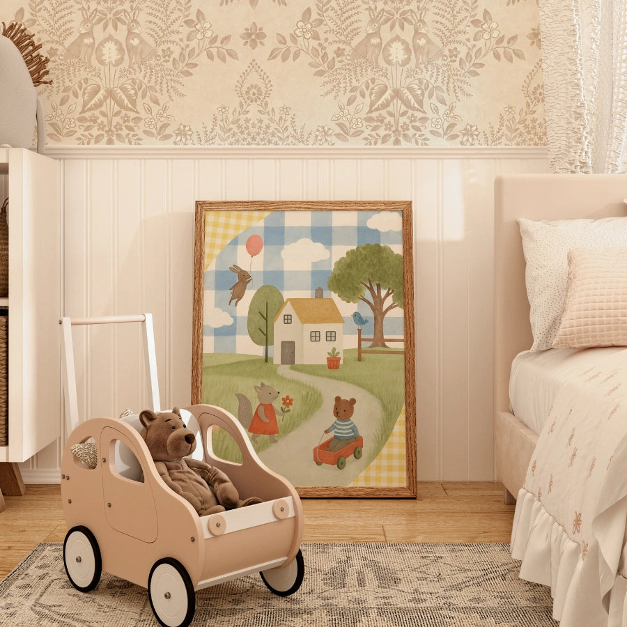 Whimsical Animal Village Nursery Print - Cute Bear and Bunny Kids Wall Art