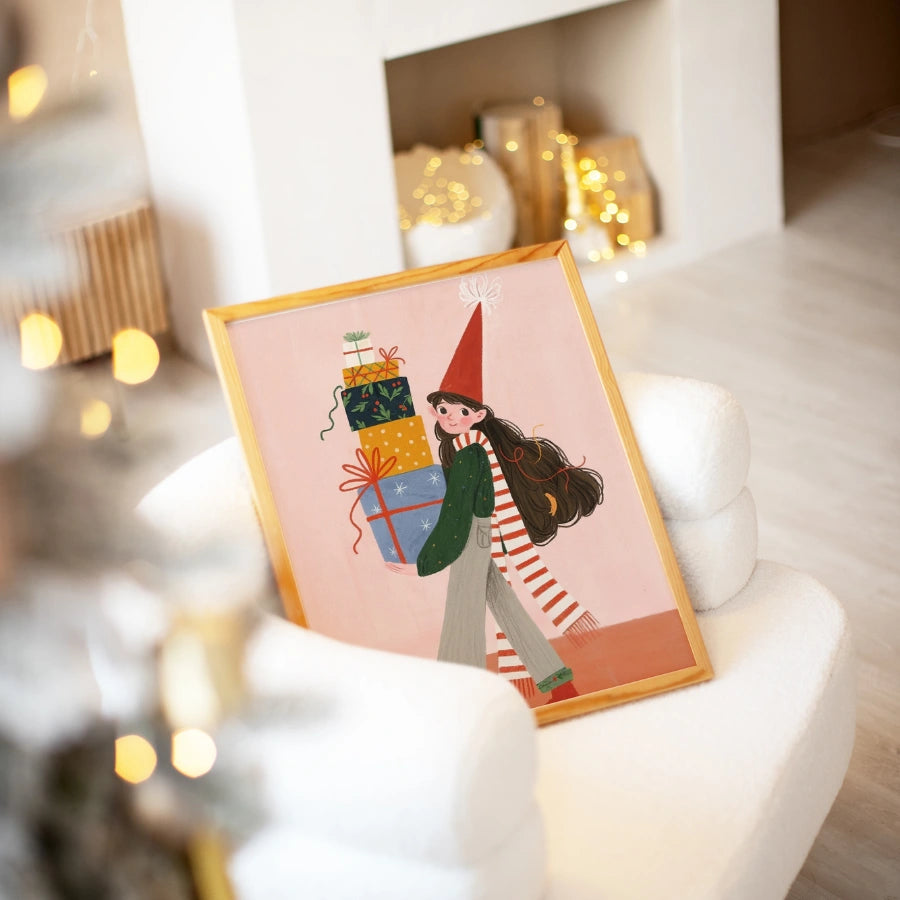 Christmas Gifts Wall Art – Cute Girl Carrying Presents