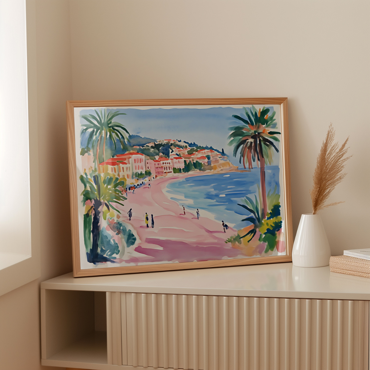 Mediterranean Beach Wall Art – Colorful Coastal Town Print