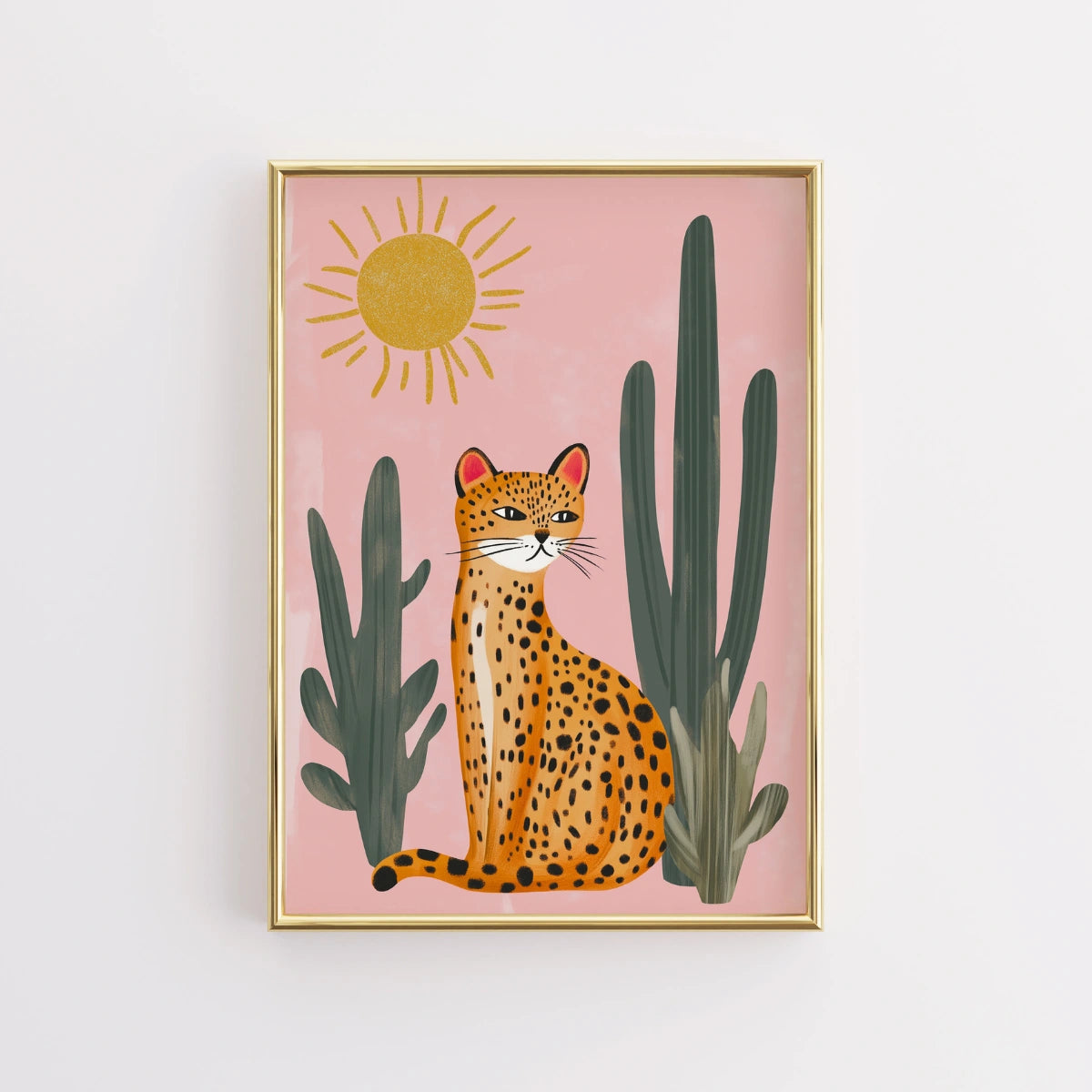 Stampa artistica da parete con leopardo nella giungla di cactus - Poster di animali estivi rosa