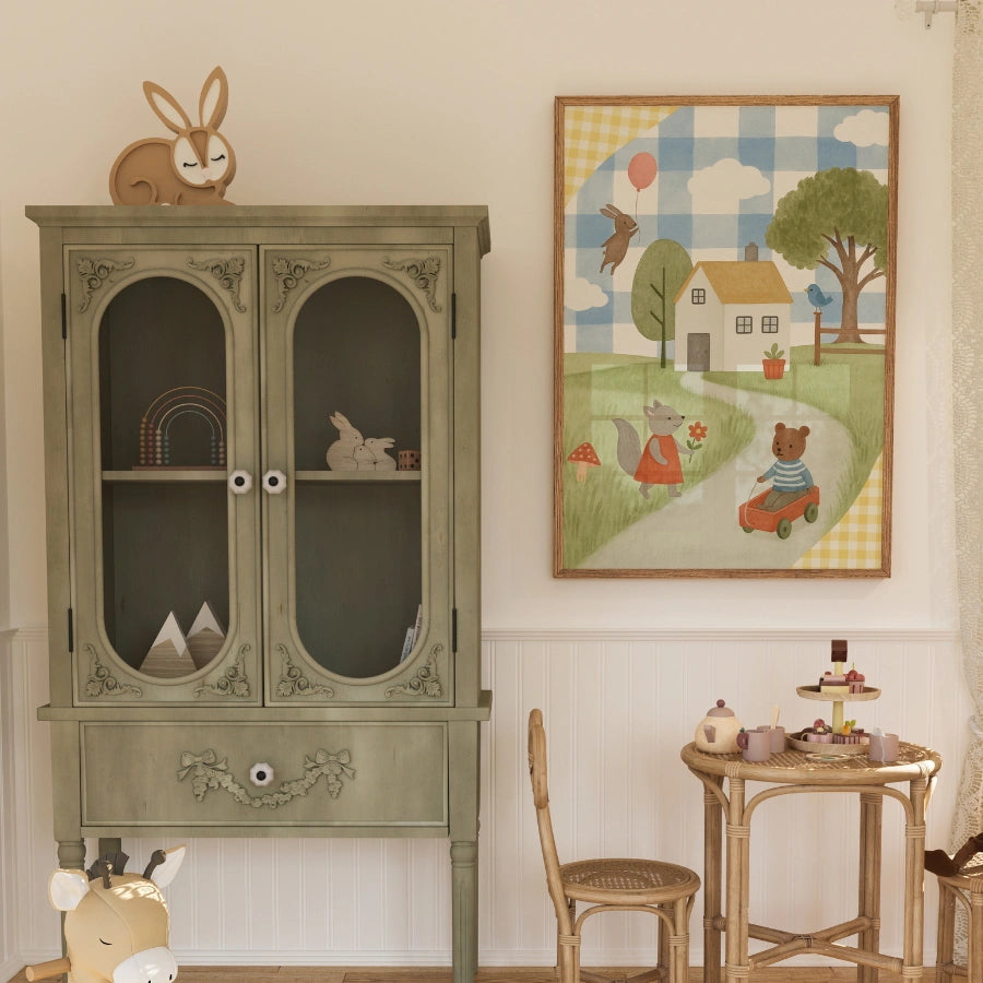 Whimsical Animal Village Nursery Print - Cute Bear and Bunny Kids Wall Art