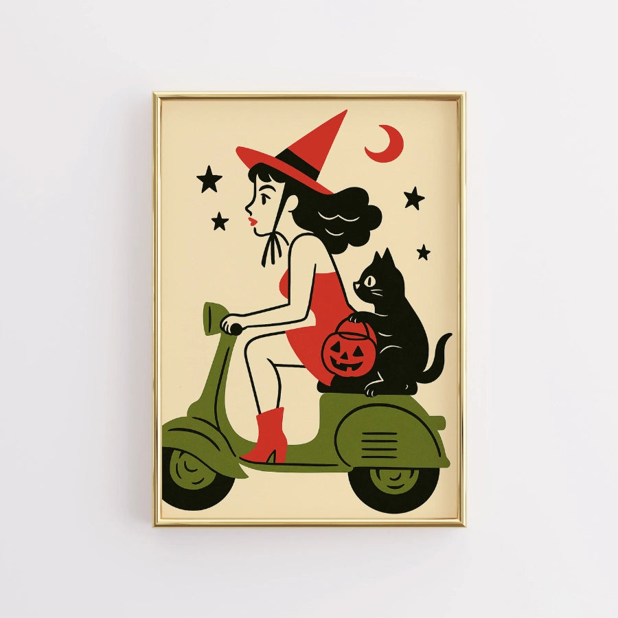 Retro Witch on Scooter Halloween Print – Cute Black Cat Wall Art
