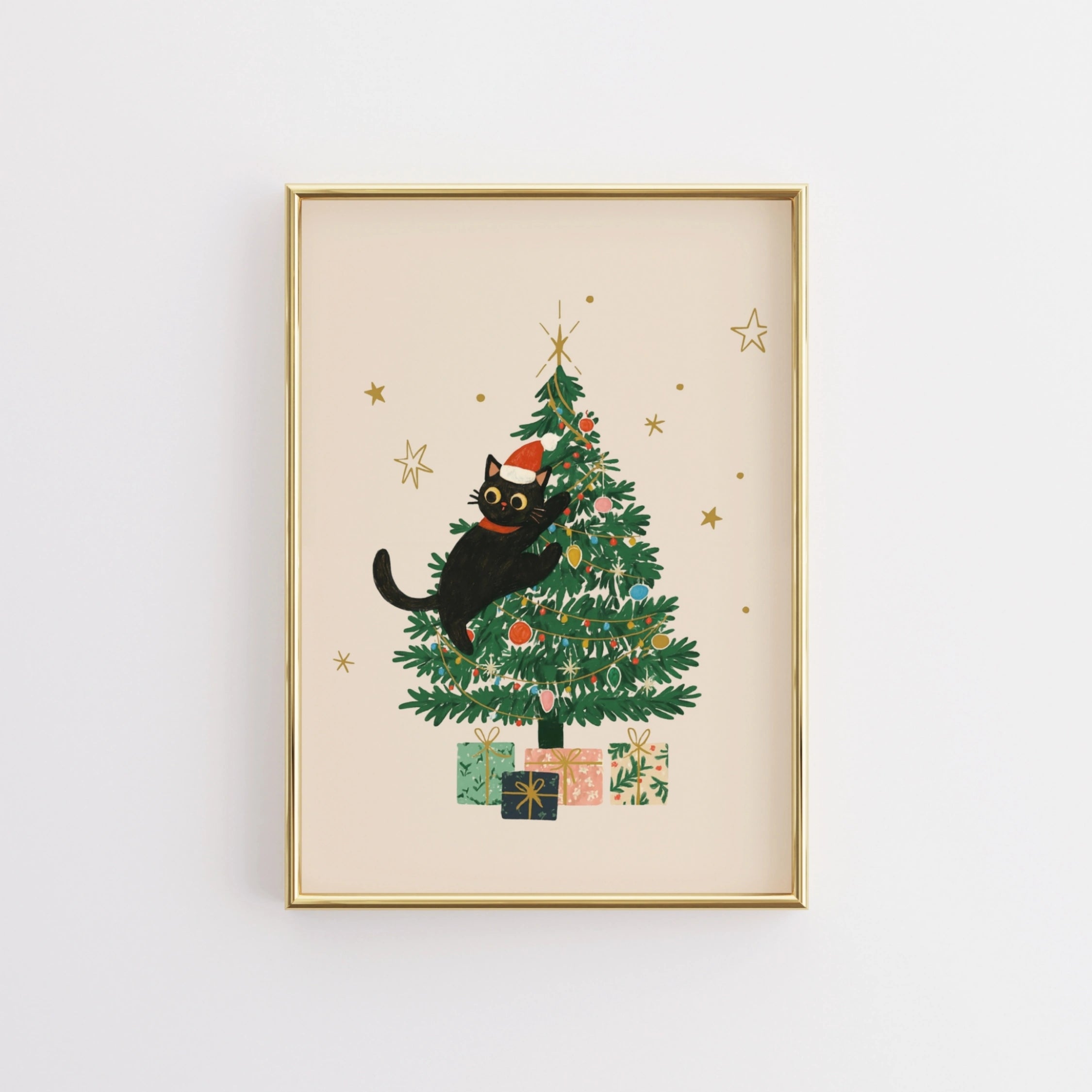 Black Cat Christmas Tree Wall Art
