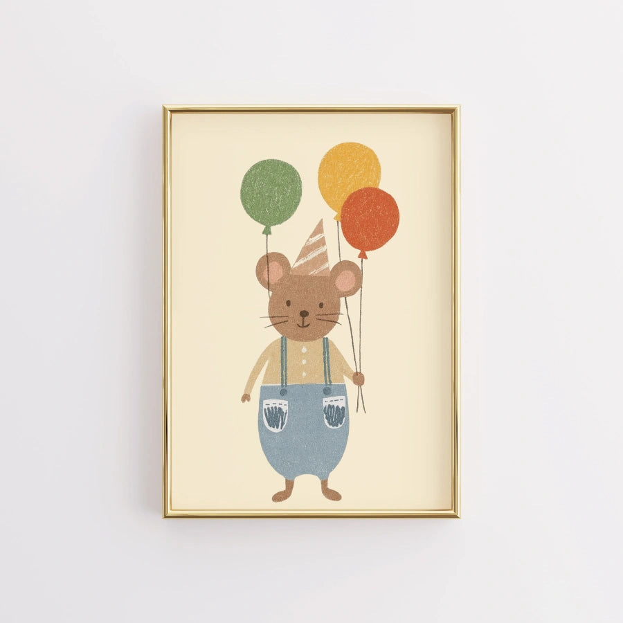 Mouse with Balloons Nursery Print - Cute Animal Party Wall Art