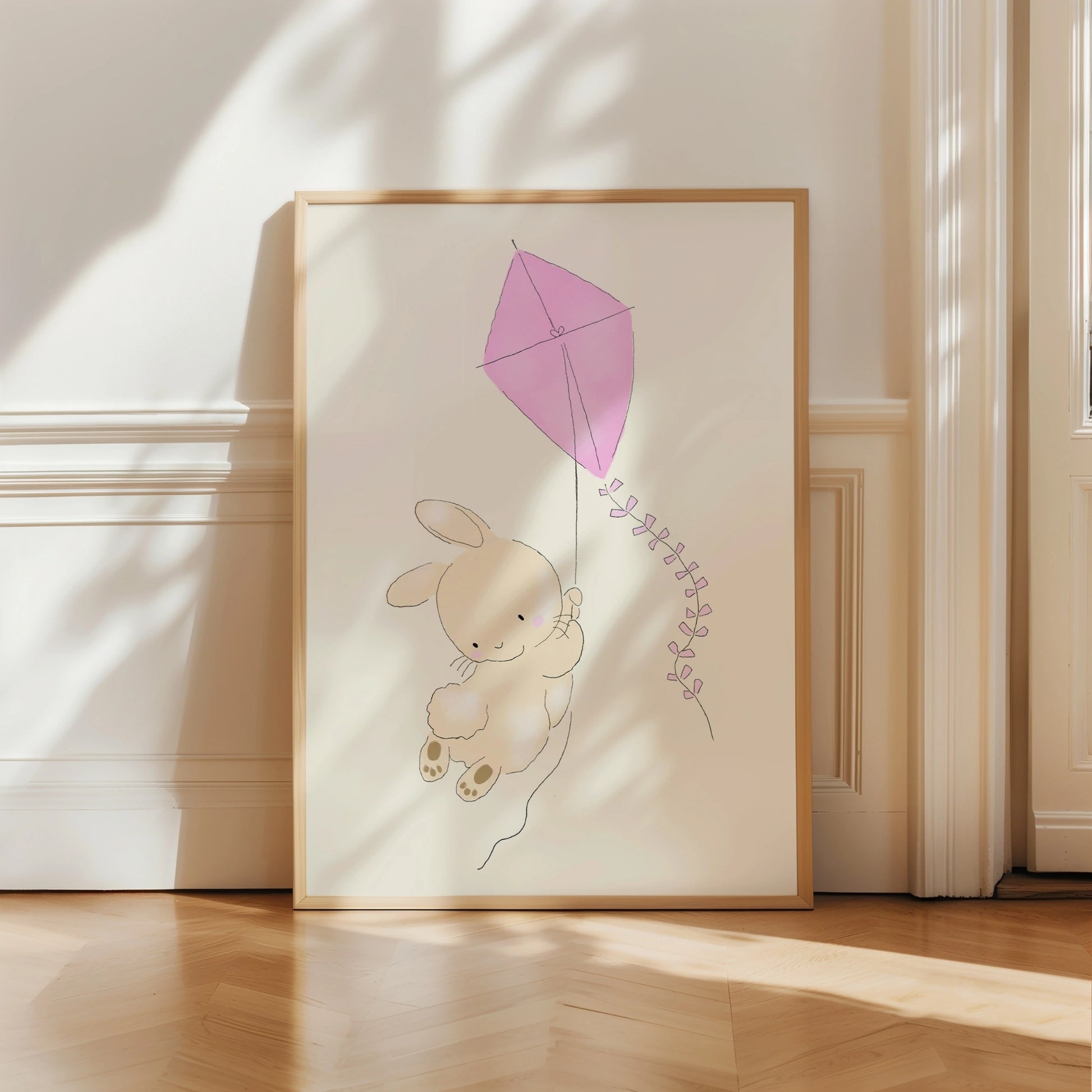 Flying Bunny Wall Art - Pink Kite Rabbit Print for Girls