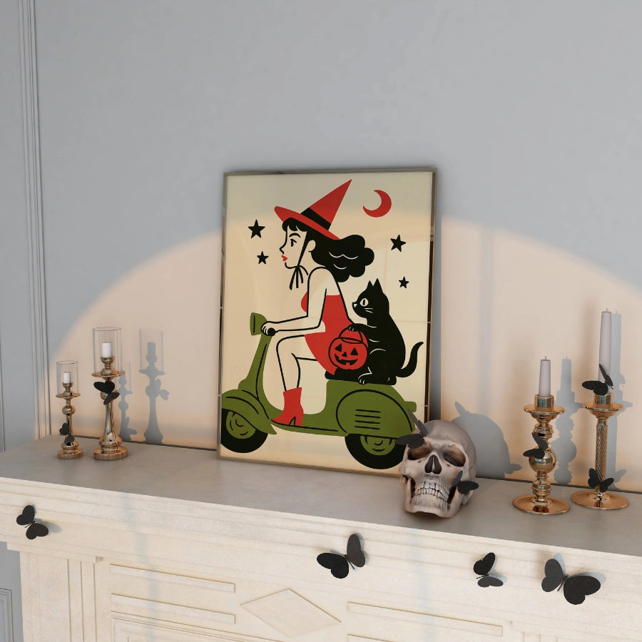 Retro Witch on Scooter Halloween Print – Cute Black Cat Wall Art