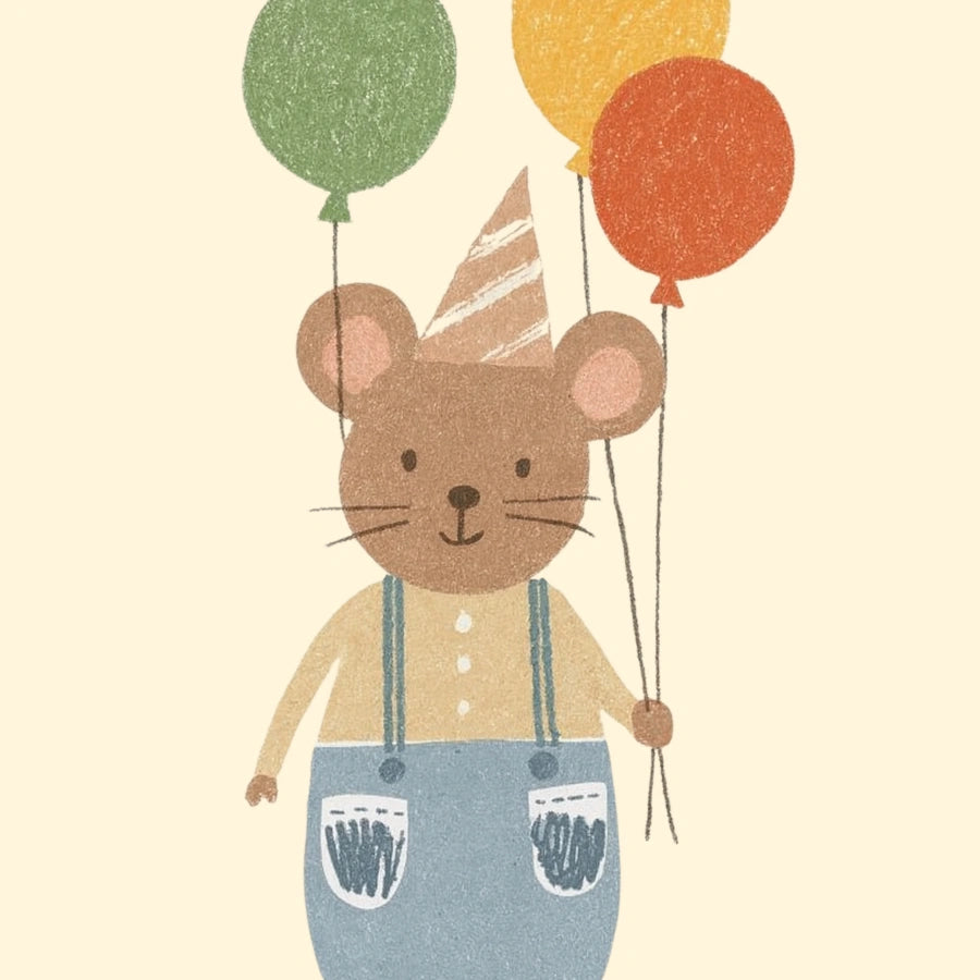 Mouse with Balloons Nursery Print - Cute Animal Party Wall Art