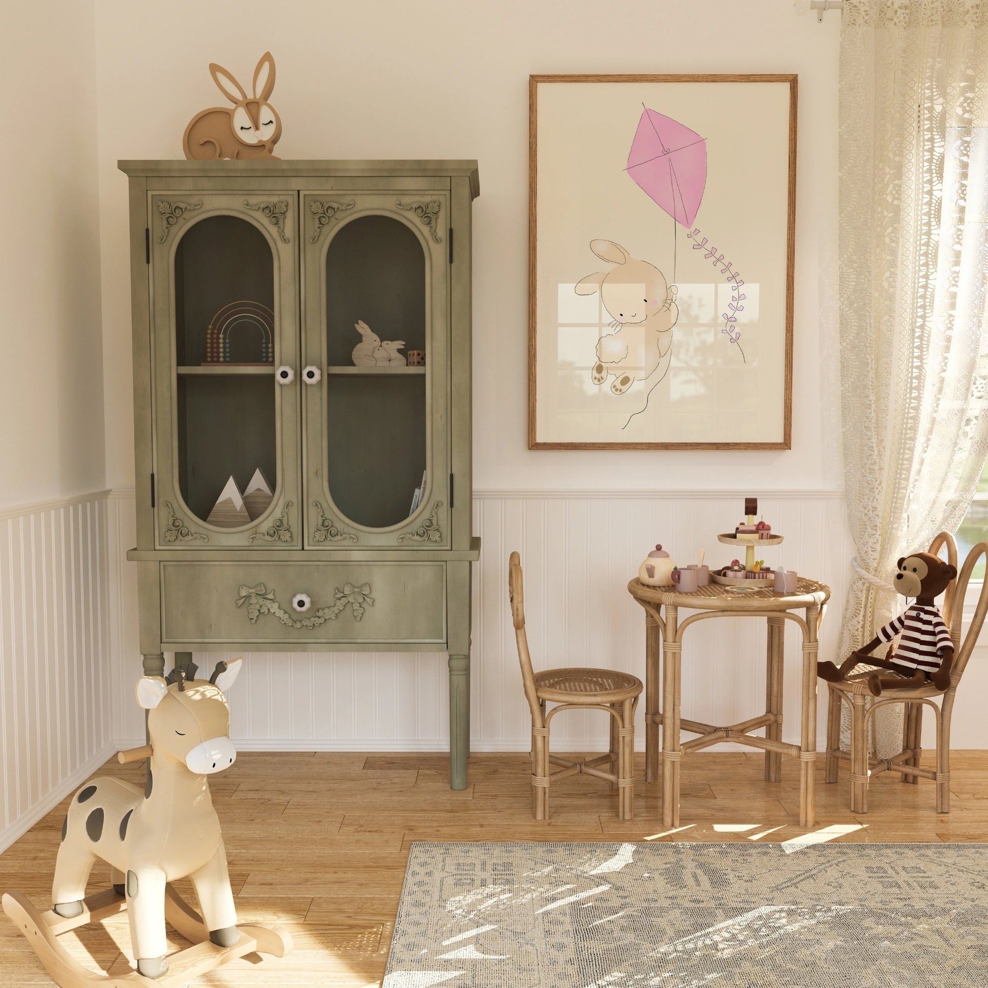 Flying Bunny Wall Art - Pink Kite Rabbit Print for Girls