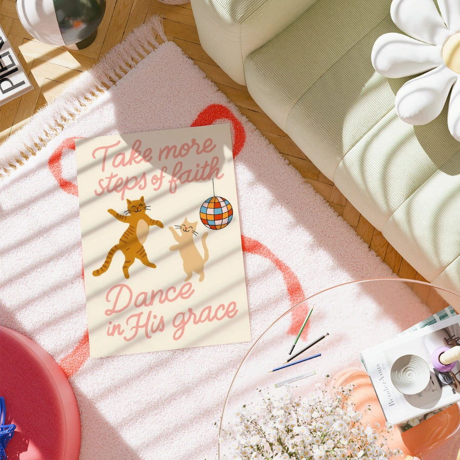 Dance in His Grace Christian Wall Art – Funny Cat Faith Print