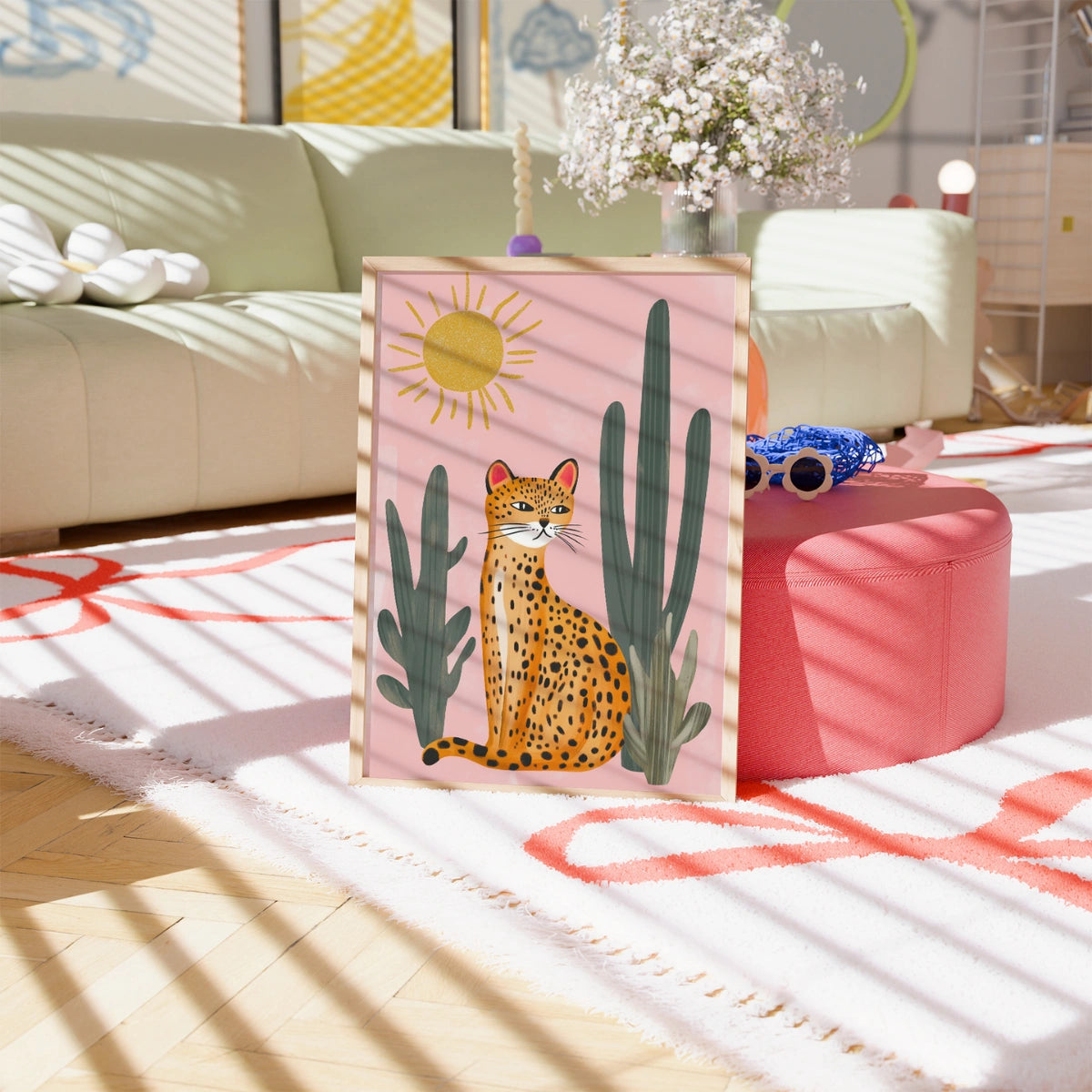 Stampa artistica da parete con leopardo nella giungla di cactus - Poster di animali estivi rosa