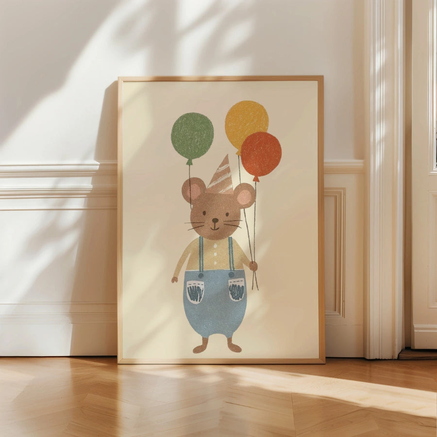 Mouse with Balloons Nursery Print - Cute Animal Party Wall Art