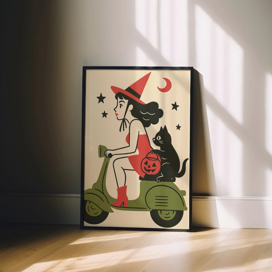 Retro Witch on Scooter Halloween Print – Cute Black Cat Wall Art
