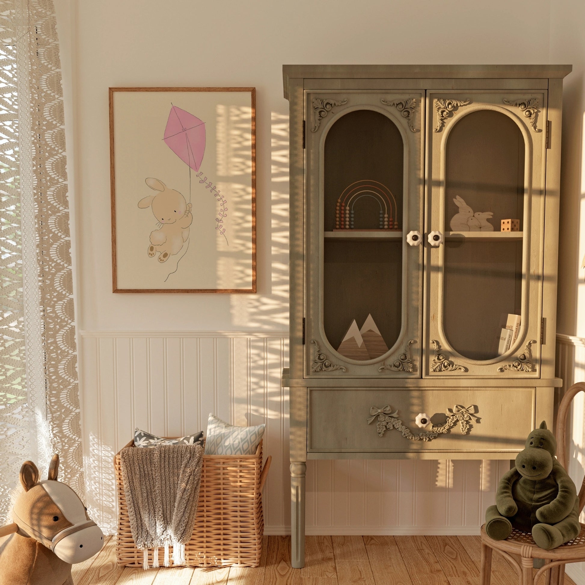 Flying Bunny Wall Art - Pink Kite Rabbit Print for Girls