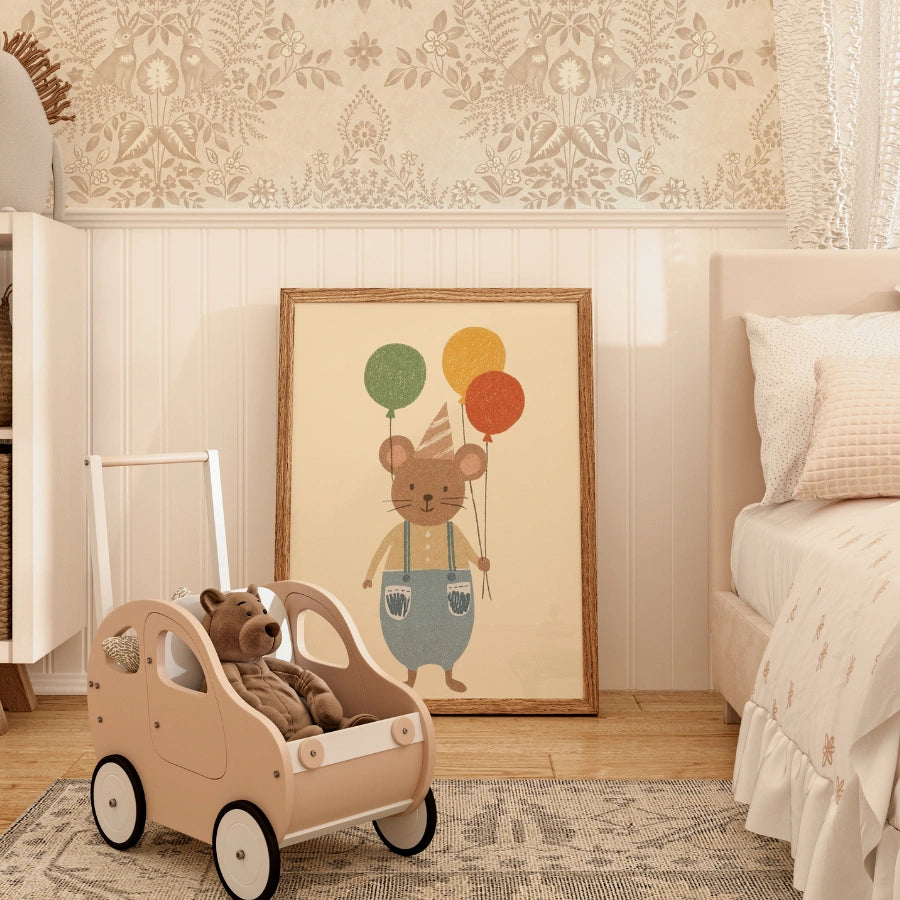 Mouse with Balloons Nursery Print - Cute Animal Party Wall Art