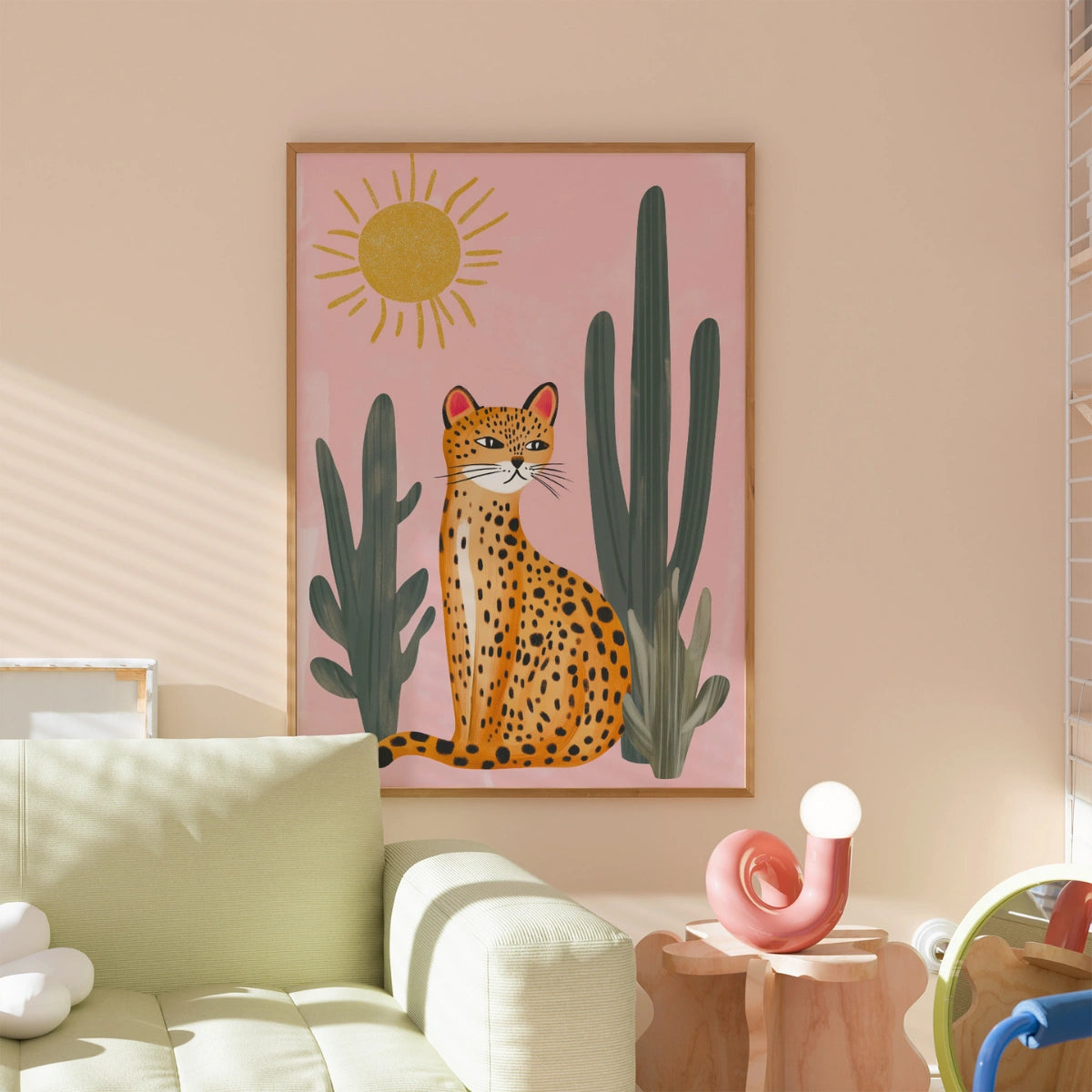 Stampa artistica da parete con leopardo nella giungla di cactus - Poster di animali estivi rosa