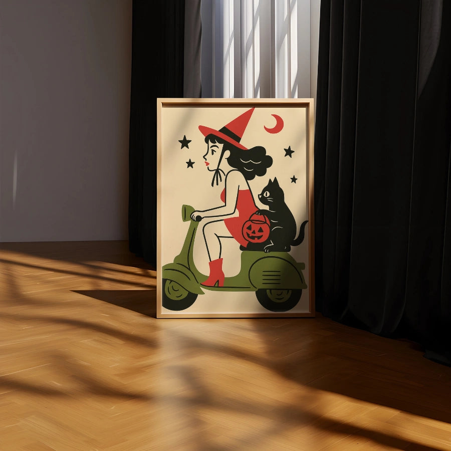 Retro Witch on Scooter Halloween Print – Cute Black Cat Wall Art