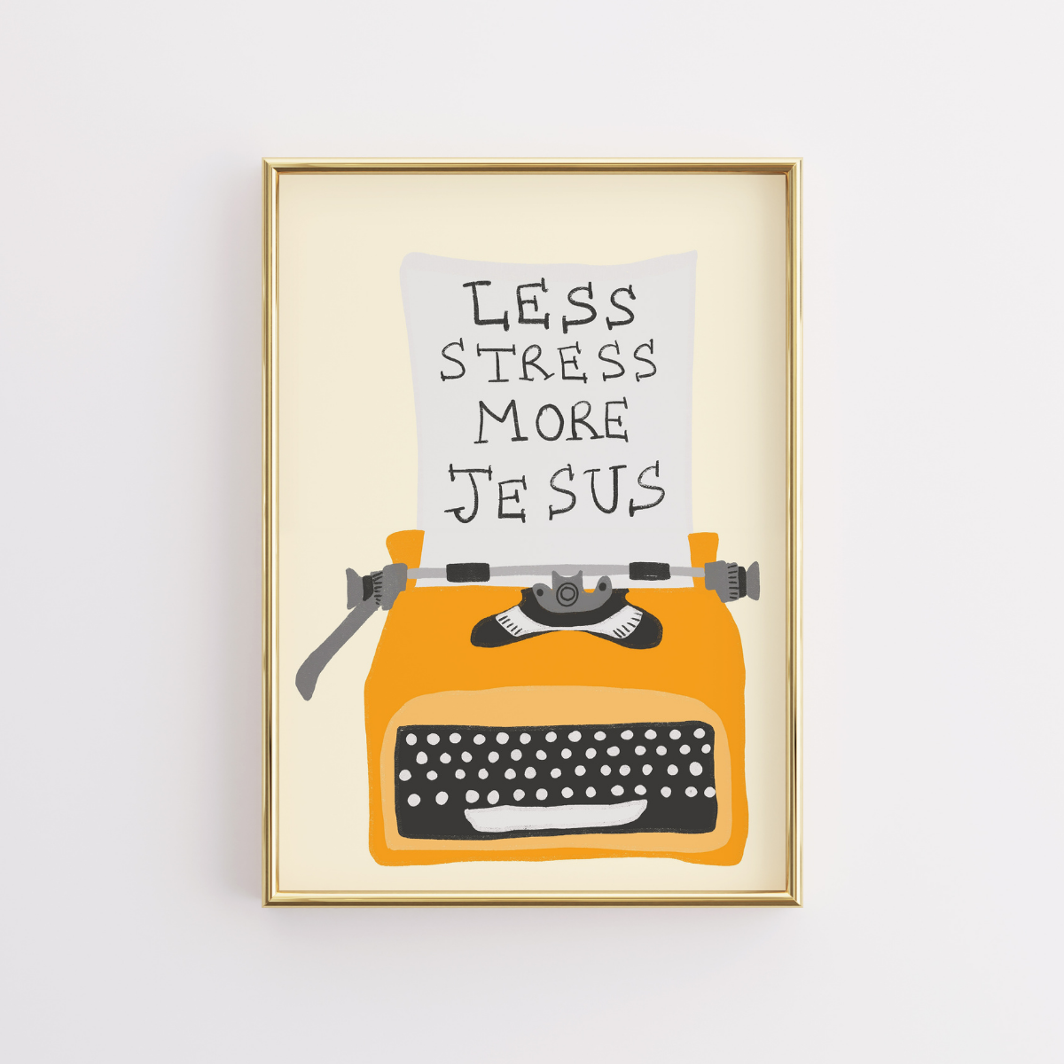 Less Stress More Jesus Print – Christian Wall Art with Retro Typewriter