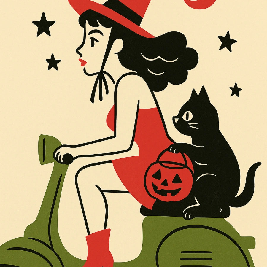 Retro Witch on Scooter Halloween Print – Cute Black Cat Wall Art