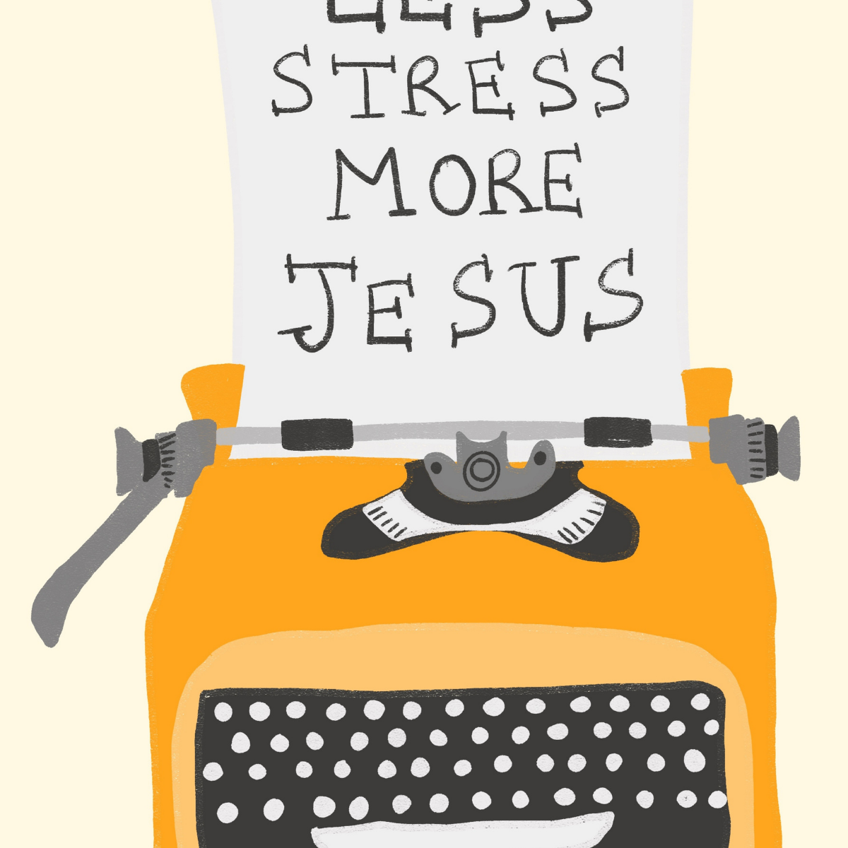 Stampa Meno stress, più Gesù – Arte murale cristiana con macchina da scrivere retrò