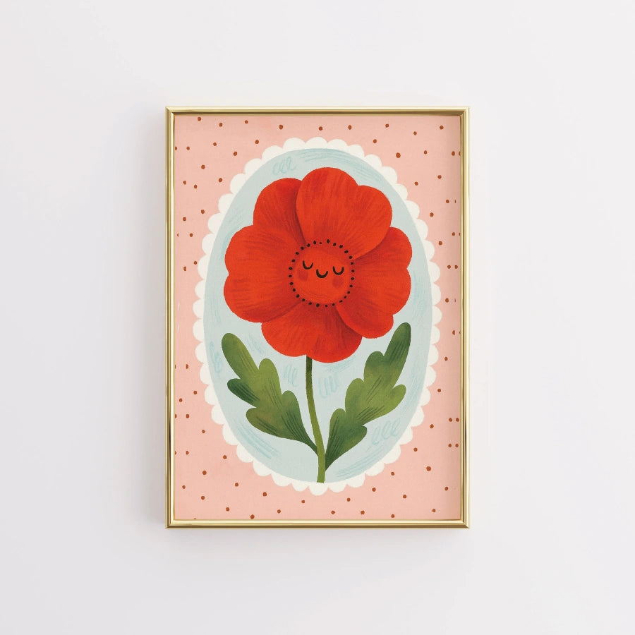 Smiling Red Flower Nursery Print - Cute Botanical Wall Art
