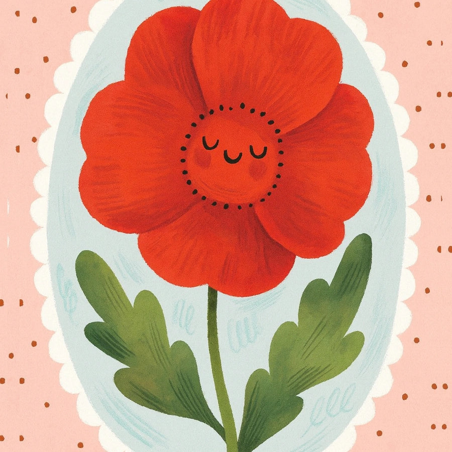 Smiling Red Flower Nursery Print - Cute Botanical Wall Art