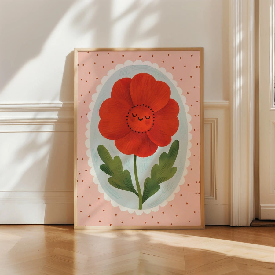 Smiling Red Flower Nursery Print - Cute Botanical Wall Art