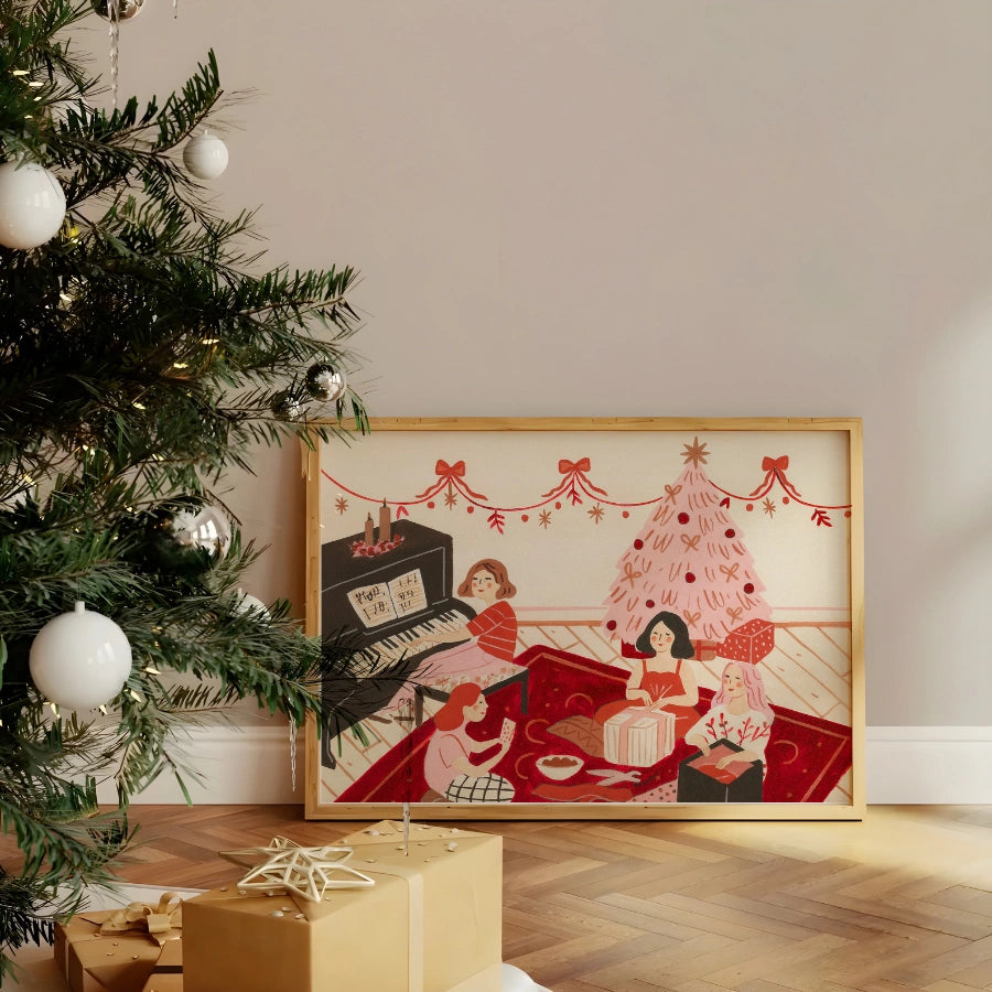 Girl Friends Christmas Art – Cozy Winter Scene Wall Decor