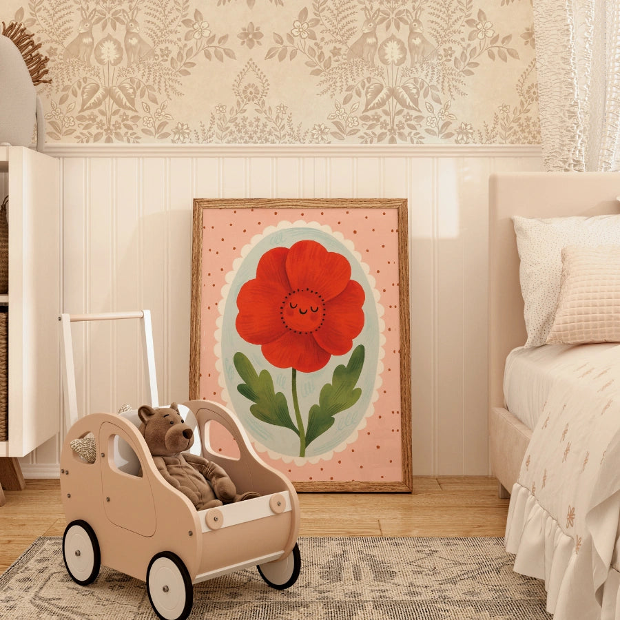 Smiling Red Flower Nursery Print - Cute Botanical Wall Art