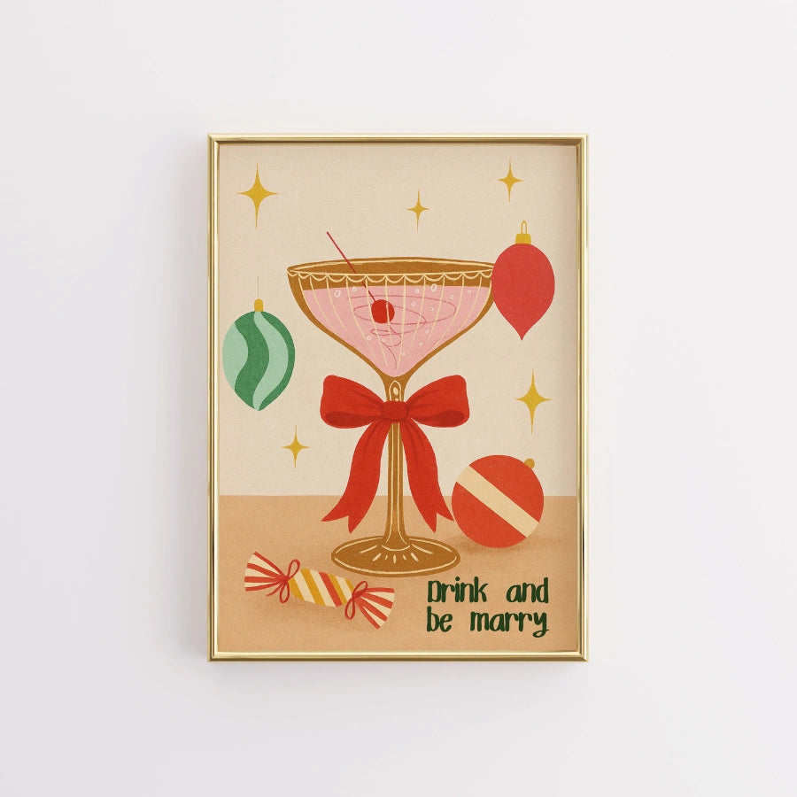 Drink and Be Merry Wall Art – Retro Christmas Cocktail Print