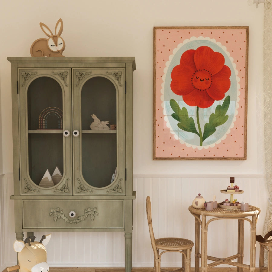 Smiling Red Flower Nursery Print - Cute Botanical Wall Art