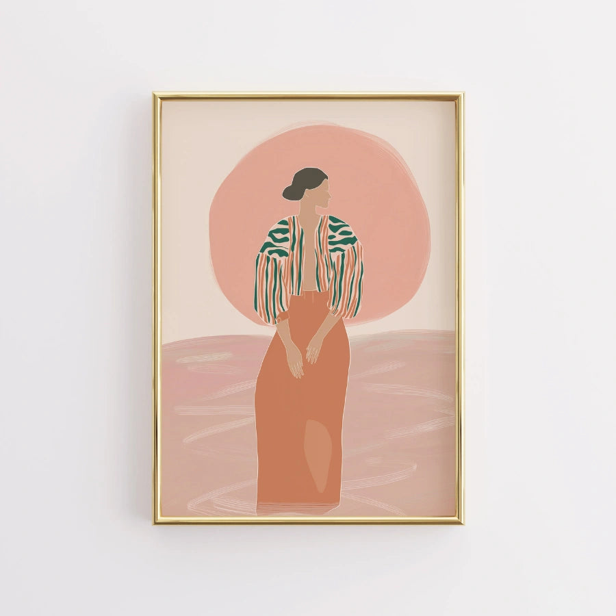 Sunset Aura Boho Wall Art – Silhouette femminile sognante 