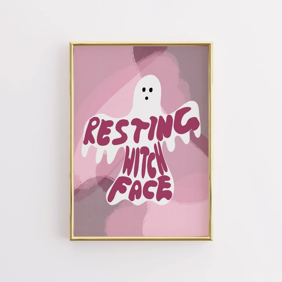 Resting Witch Face Print – Pink Ghost Halloween Wall Art