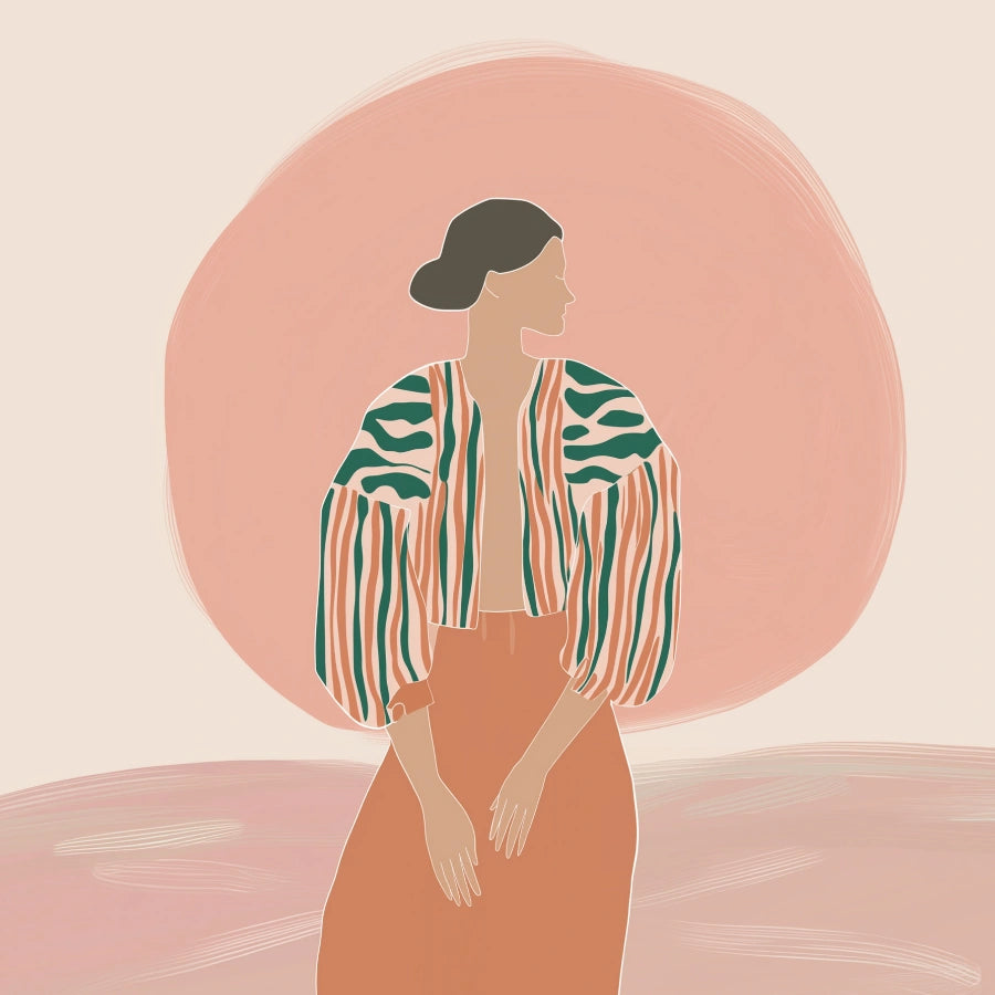 Sunset Aura Boho Wall Art – Silhouette femminile sognante 