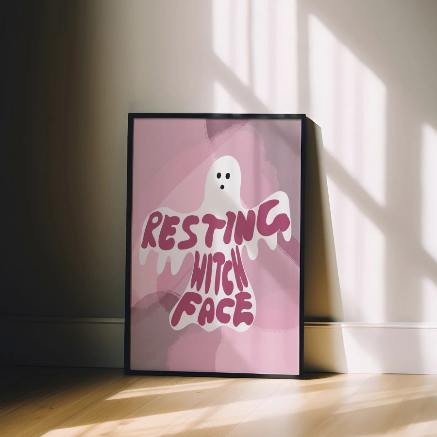 Resting Witch Face Print – Pink Ghost Halloween Wall Art
