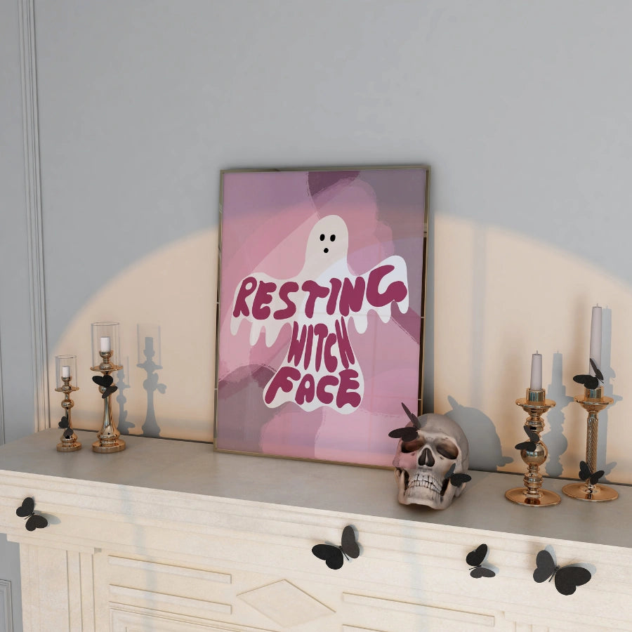 Resting Witch Face Print – Pink Ghost Halloween Wall Art