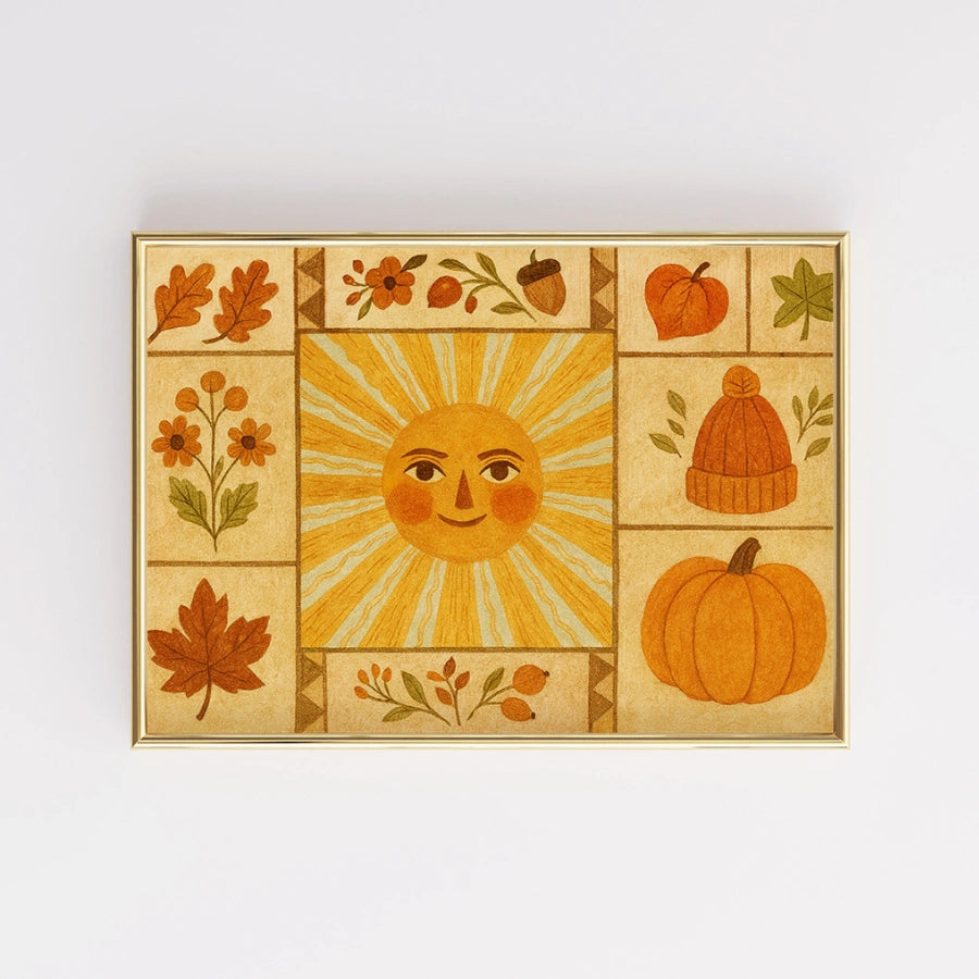Autumn Sun Folk Wall Art - Cozy Fall Harvest Print