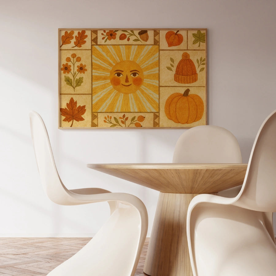 Autumn Sun Folk Wall Art - Cozy Fall Harvest Print
