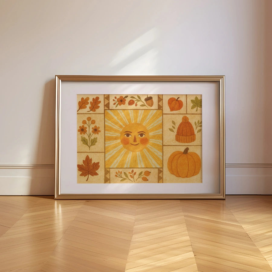 Autumn Sun Folk Wall Art - Cozy Fall Harvest Print