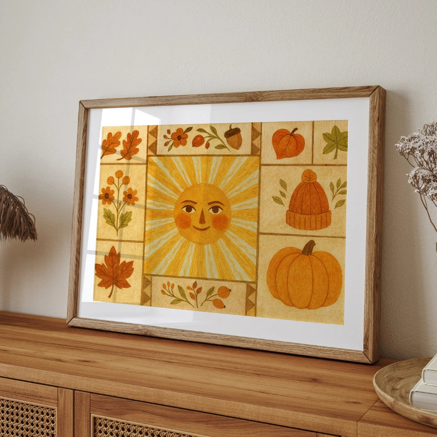 Autumn Sun Folk Wall Art - Cozy Fall Harvest Print