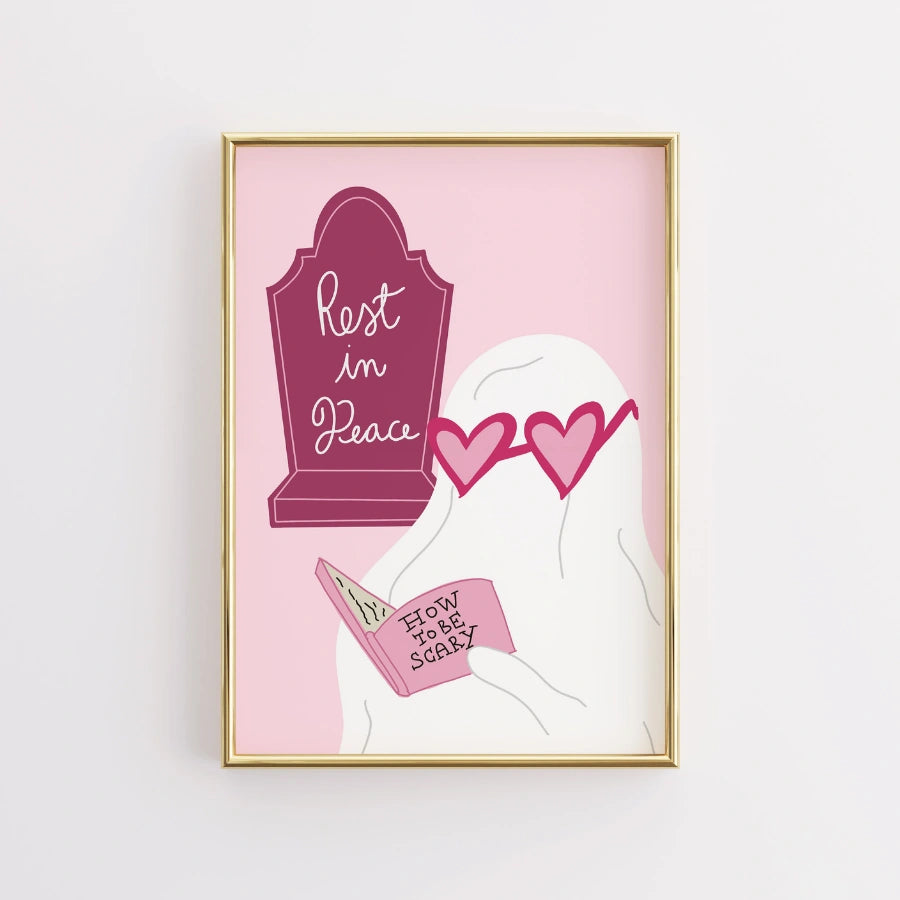 Resting in Peace Print – Pink Ghost & Tombstone Halloween Wall Art