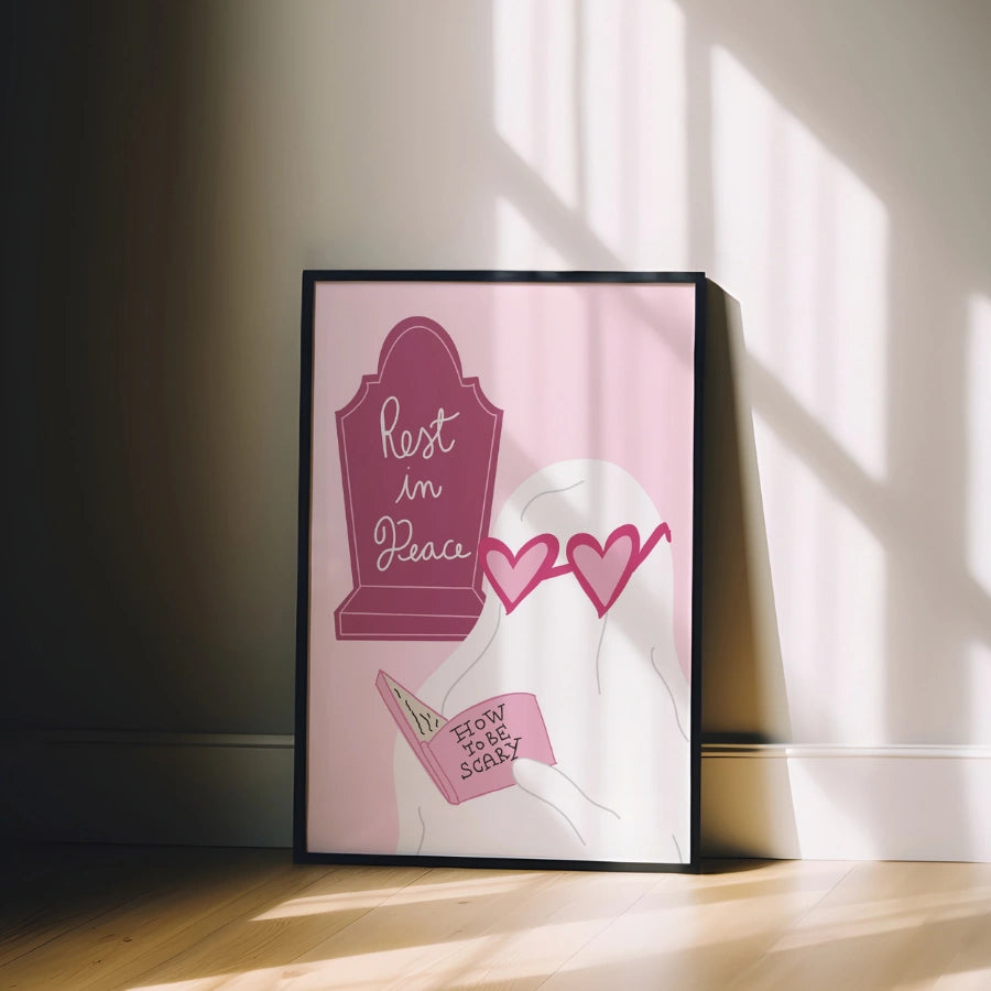 Resting in Peace Print – Pink Ghost & Tombstone Halloween Wall Art