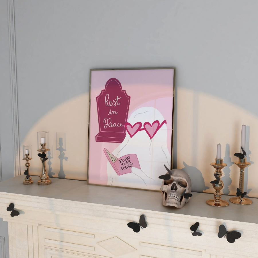 Resting in Peace Print – Pink Ghost & Tombstone Halloween Wall Art