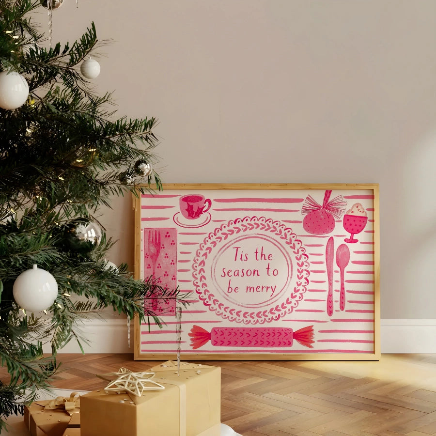 Stampa "È la stagione per essere allegri" - Arte natalizia in rosa per la cucina